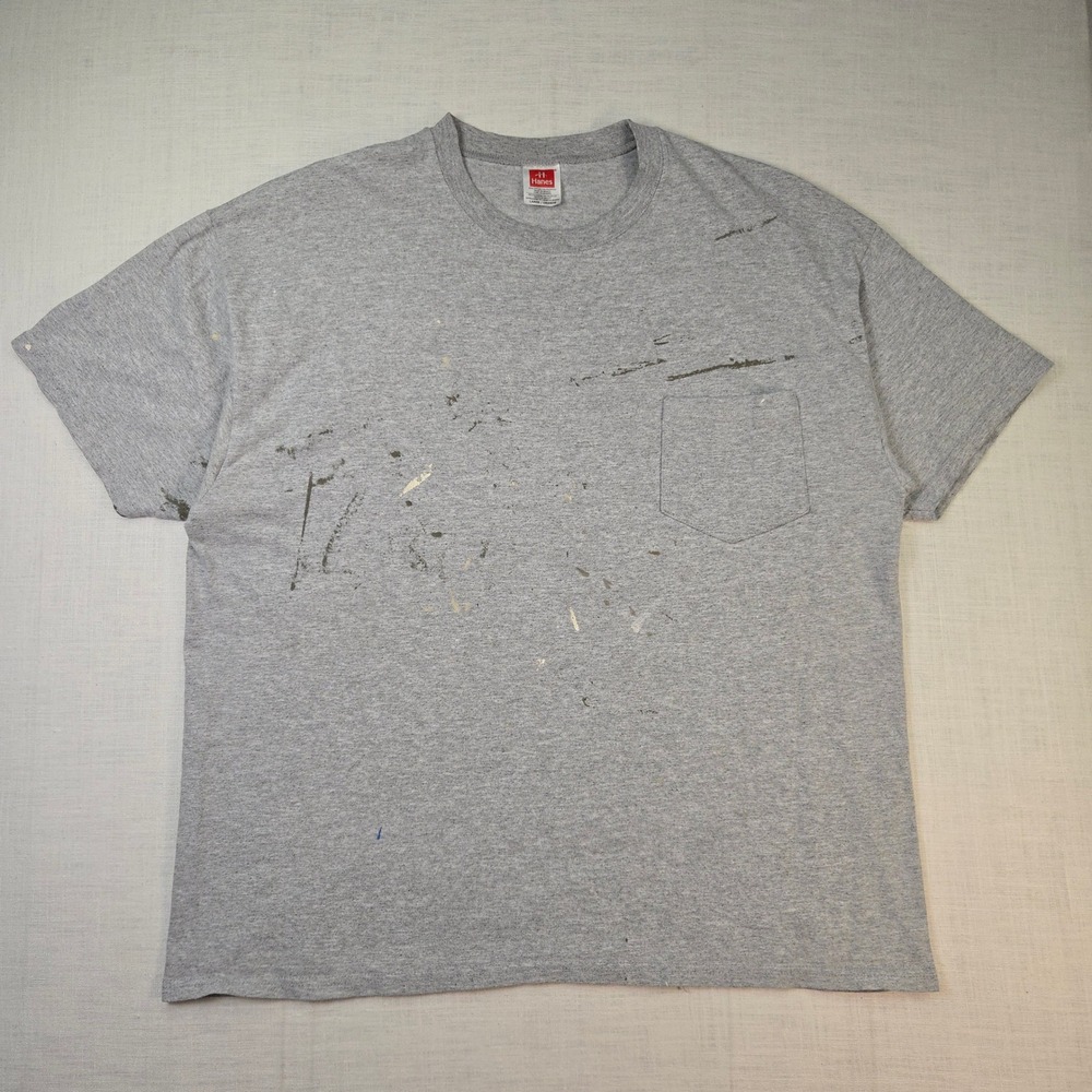 VTG Thrashed Hanes Men Large Pocket Tee Distressed Painter Workwear Gray Painter